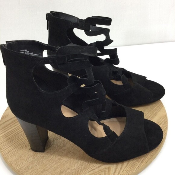 Torrid Womens Open Toe Strappy Cage Stacked Block Heels Back Zip Shoes Black 10W - Picture 2 of 13